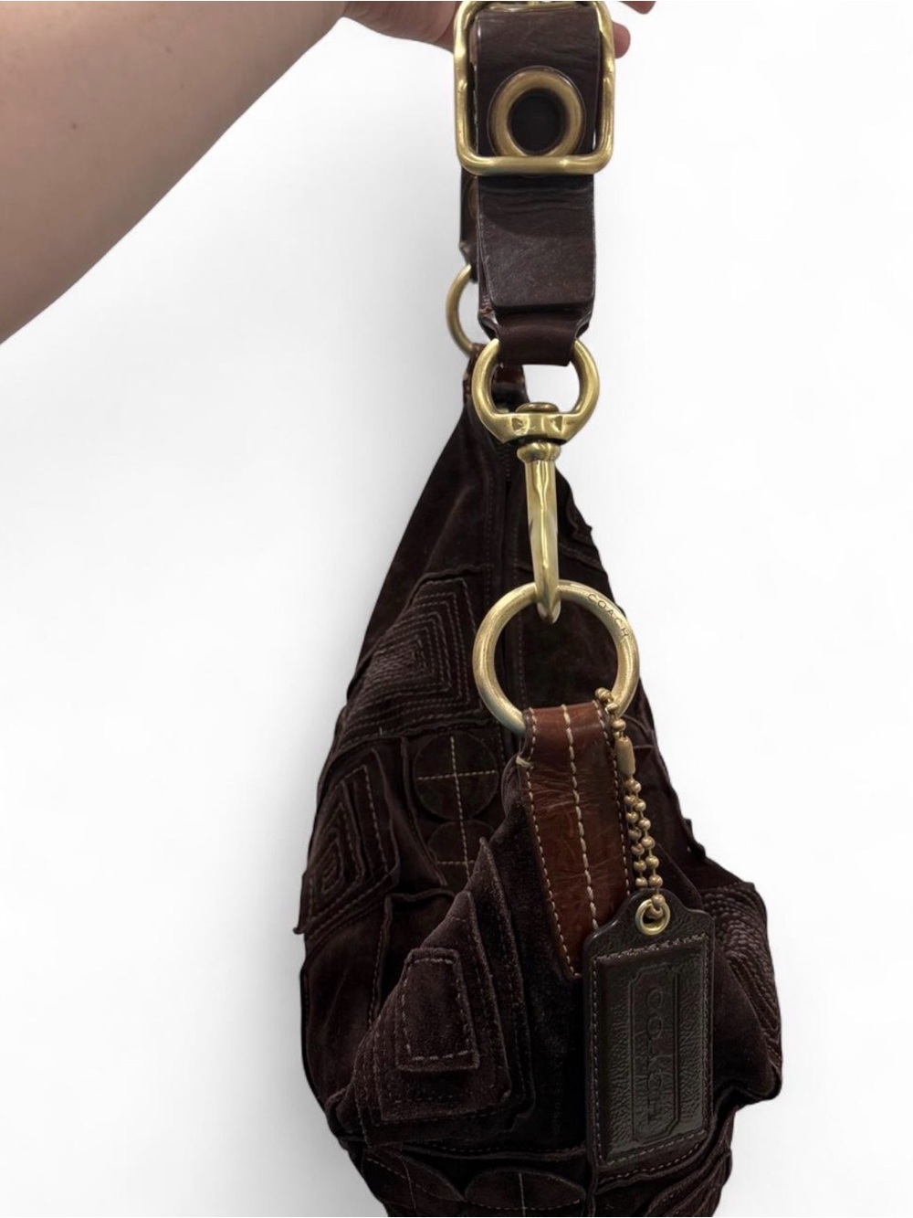 Vintage Coach Mosaic Dark Brown Suede Patchwork Shoulder Bag Geo Pattern unique - Picture 11 of 12